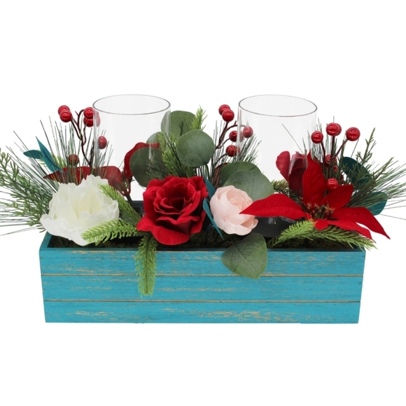 New Pioneer Woman Cheerful Rose Wood Box Hurricane Center Piece - Picture 2 of 6